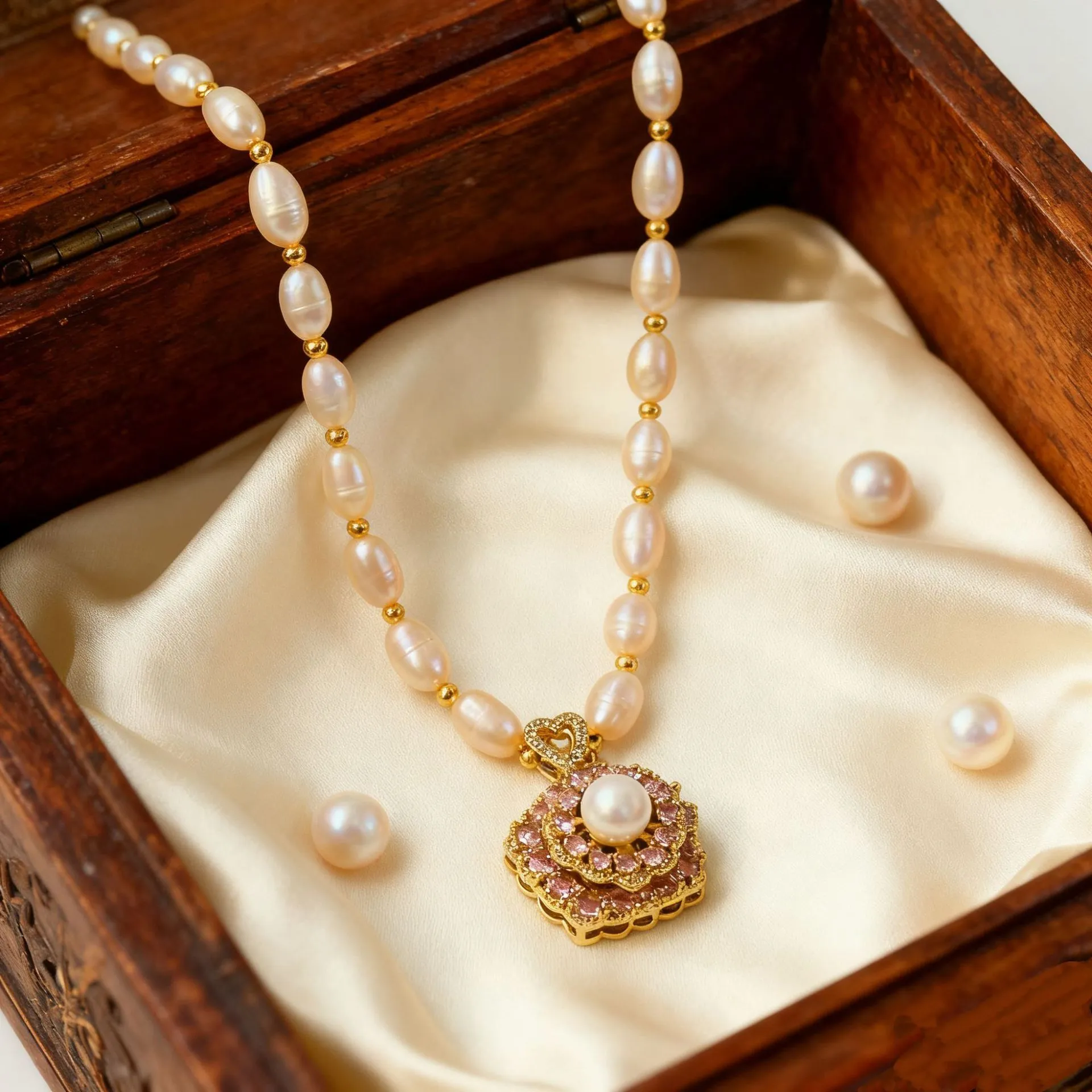 Natural freshwater pearl transfer bead necklace in pink with auspicious pattern and adjustable clasp