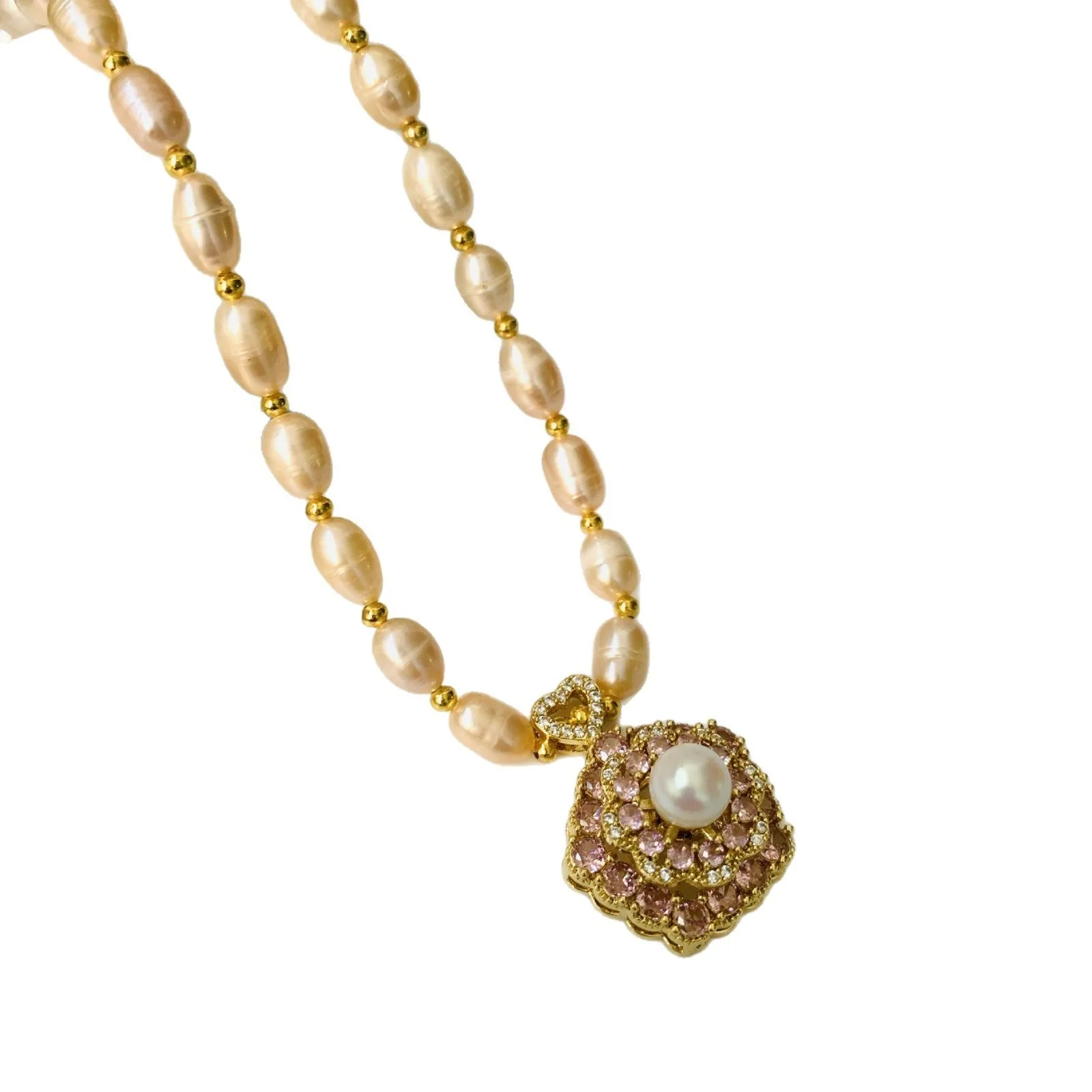 Natural freshwater pearl transfer bead necklace in pink with auspicious pattern and adjustable clasp