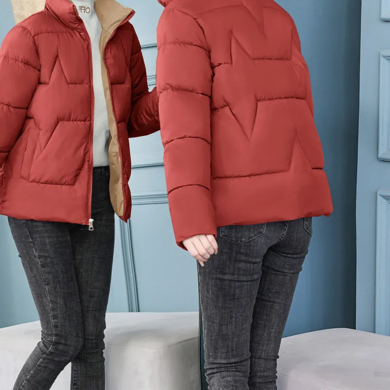 Women's short cotton jacket Korean style loose fit in solid colour, long sleeves, side view