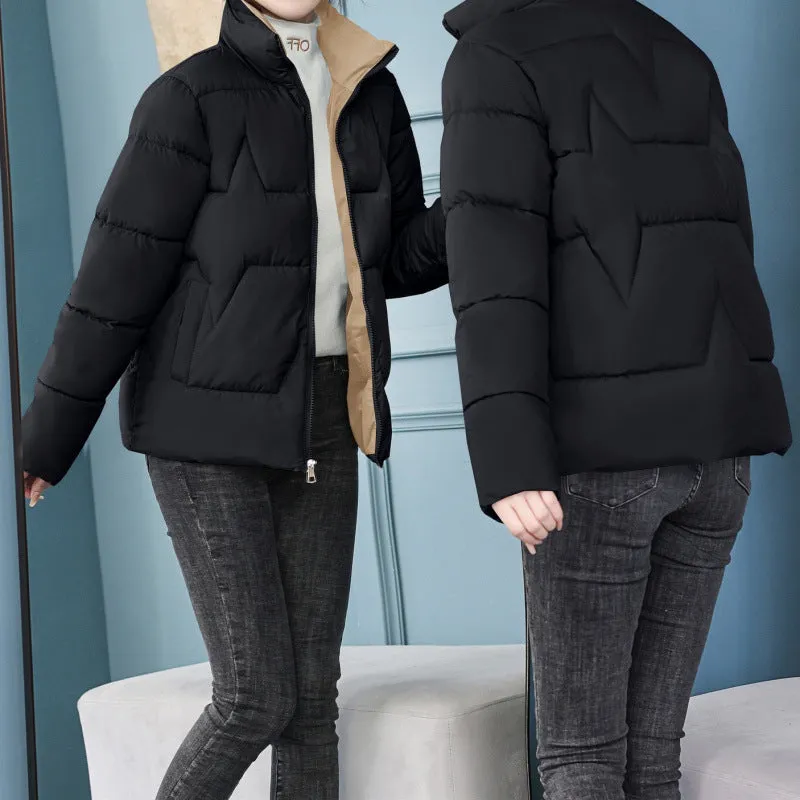 Women's short cotton jacket Korean style loose fit in solid colour, long sleeves, side view