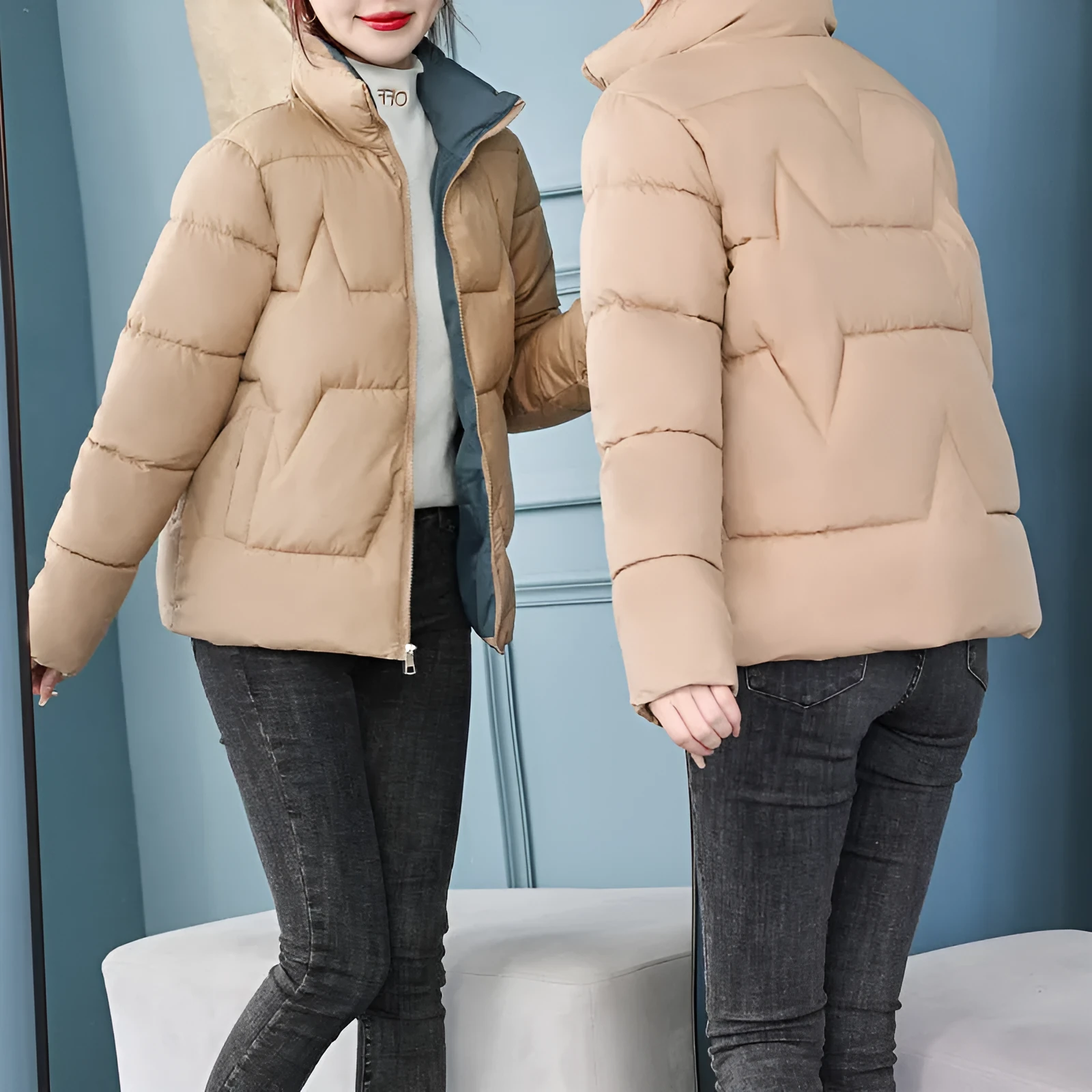 Women's short cotton jacket Korean style loose fit in solid colour, long sleeves, side view