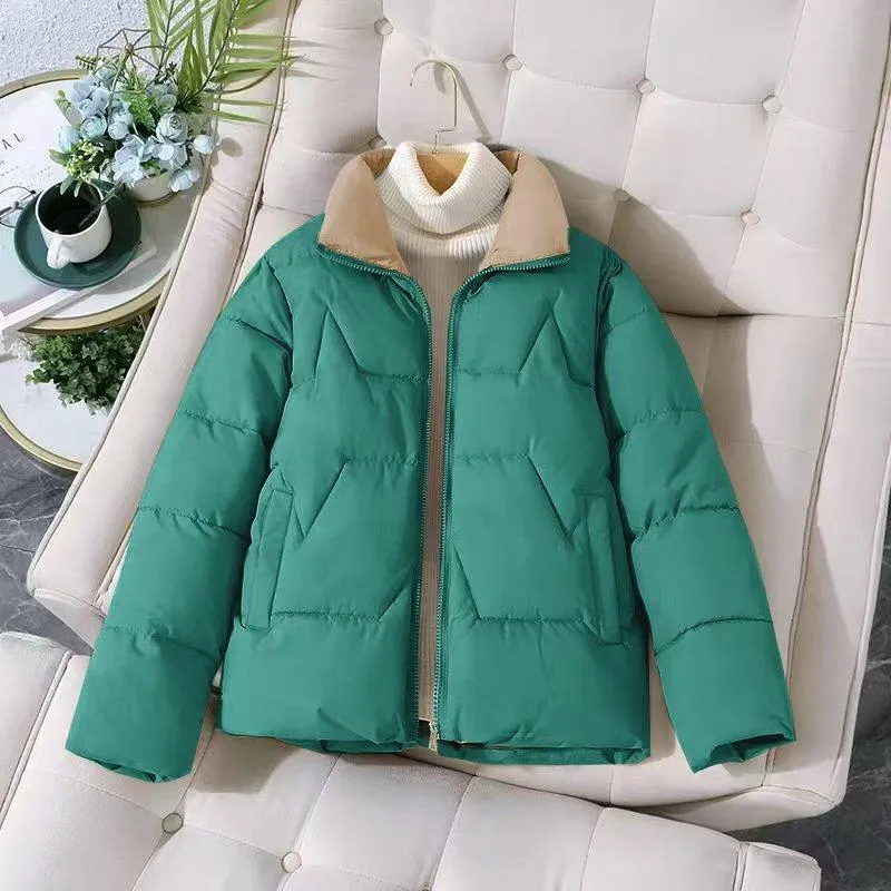 Women's short cotton jacket Korean style loose fit in solid colour, long sleeves, side view