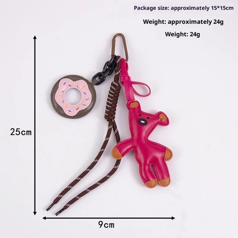 PU leather bear donut keychain in brown with semi-handmade finish and bag clip attachment