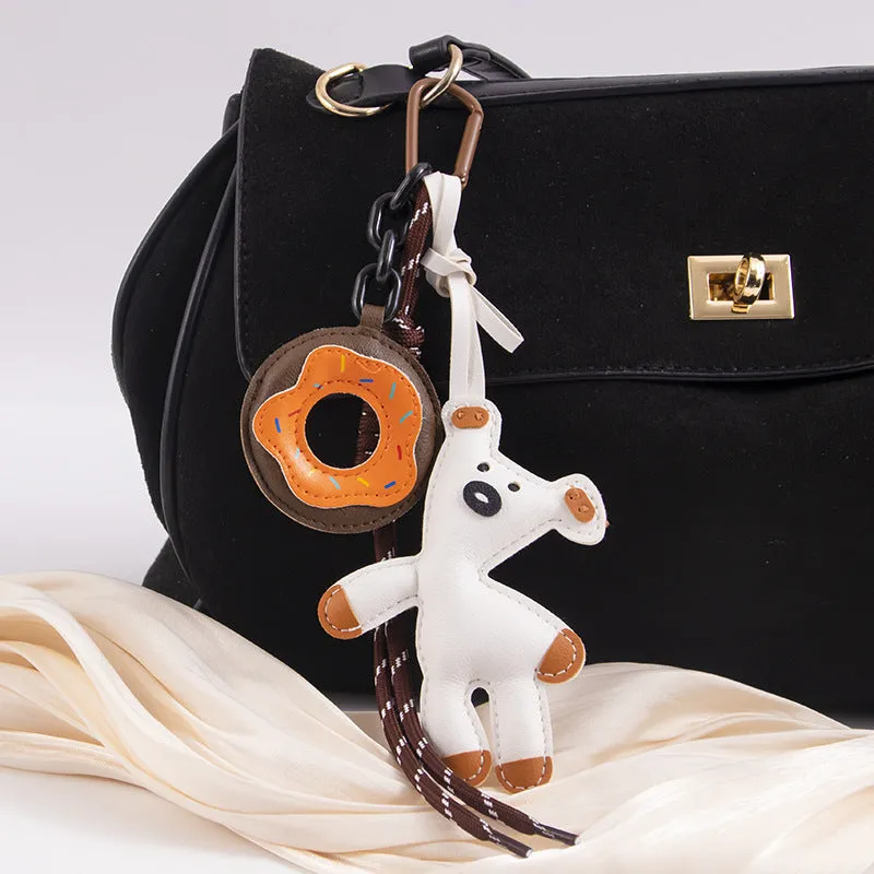 PU leather bear donut keychain in brown with semi-handmade finish and bag clip attachment