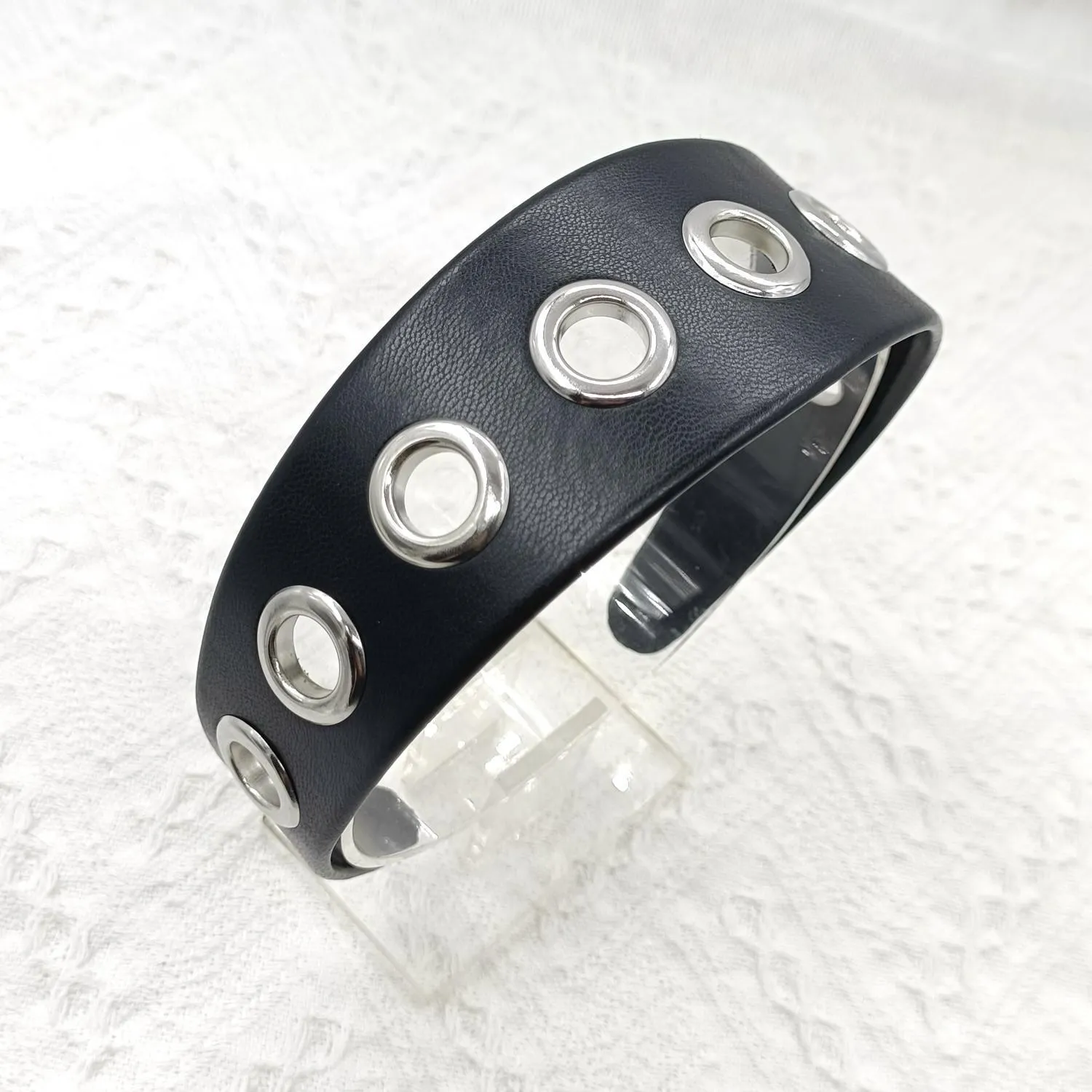 Wide black artificial leather headband with round and square rivets, handmade punk style for women