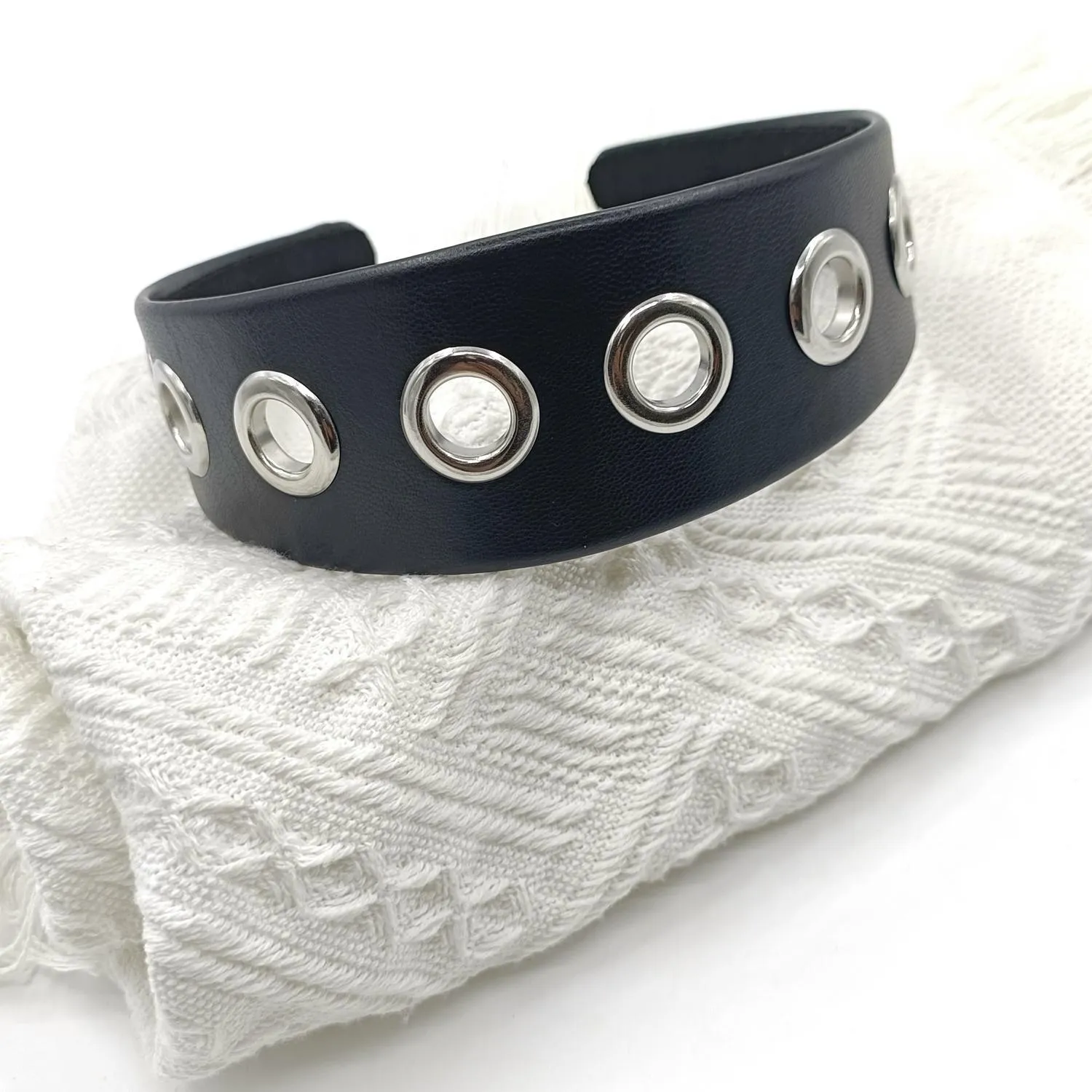 Wide black artificial leather headband with round and square rivets, handmade punk style for women