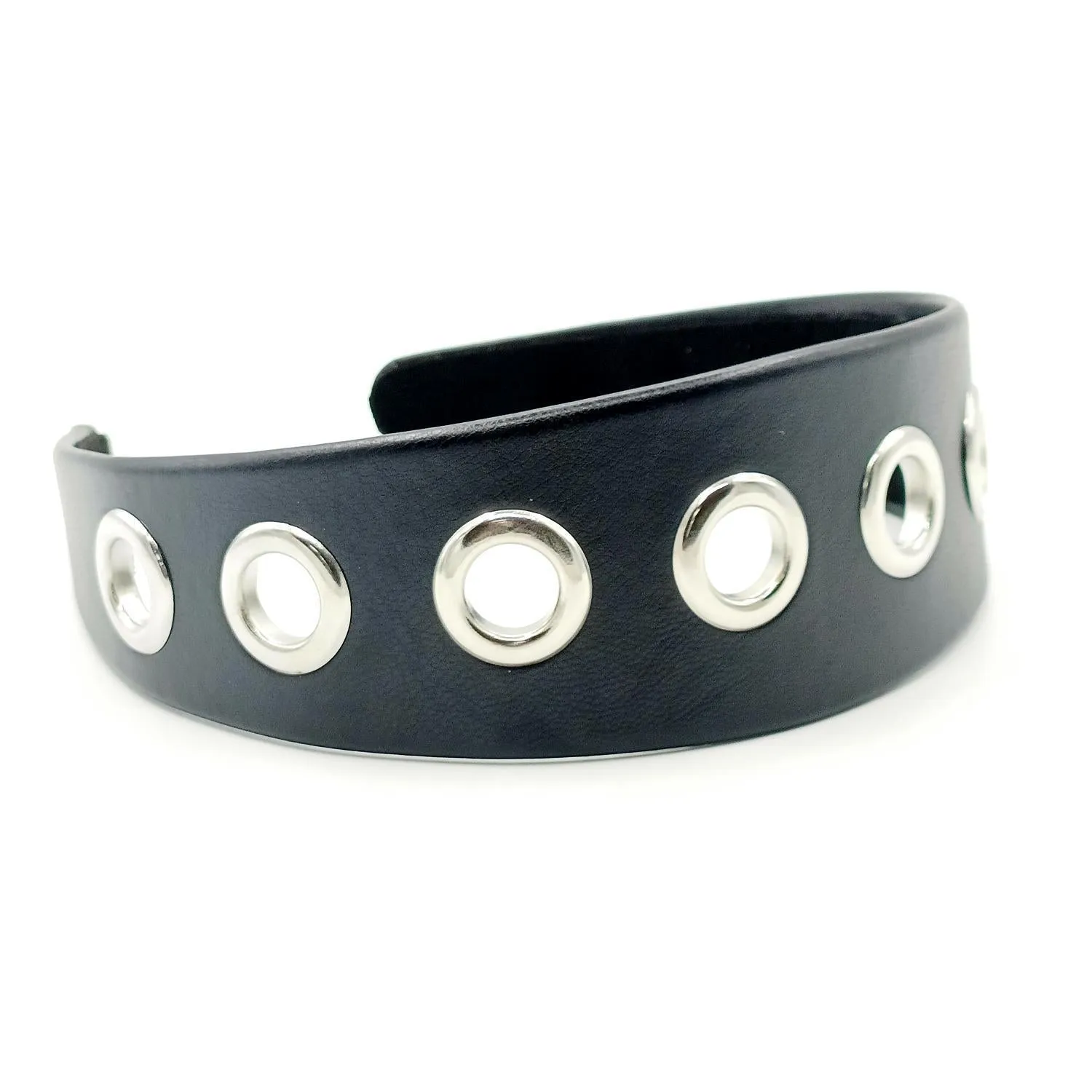 Wide black artificial leather headband with round and square rivets, handmade punk style for women