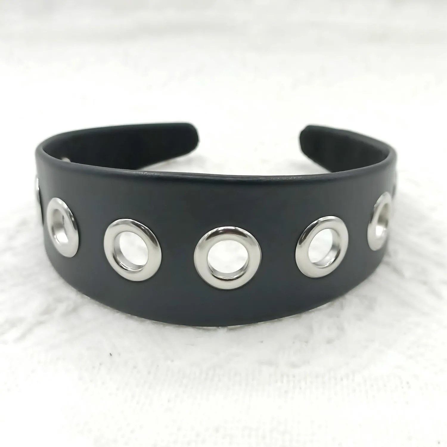 Wide black artificial leather headband with round and square rivets, handmade punk style for women