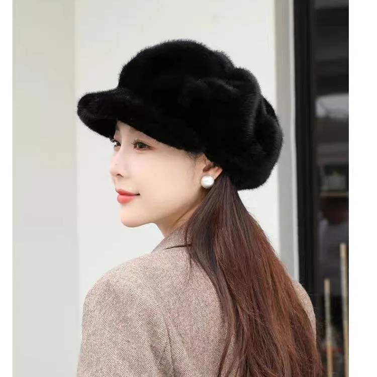 Women's knit pumpkin hat dome style fake mink one size 54-58cm colour black