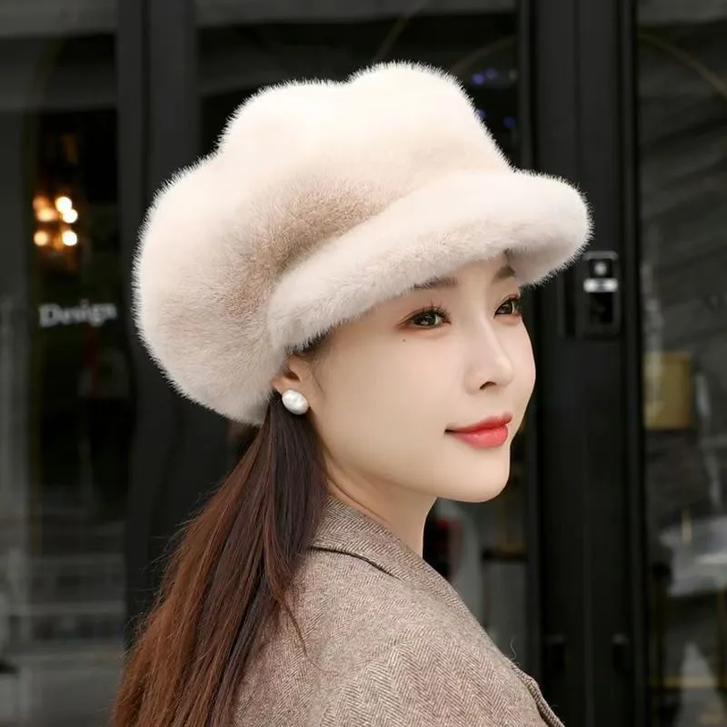 Women's knit pumpkin hat dome style fake mink one size 54-58cm colour black
