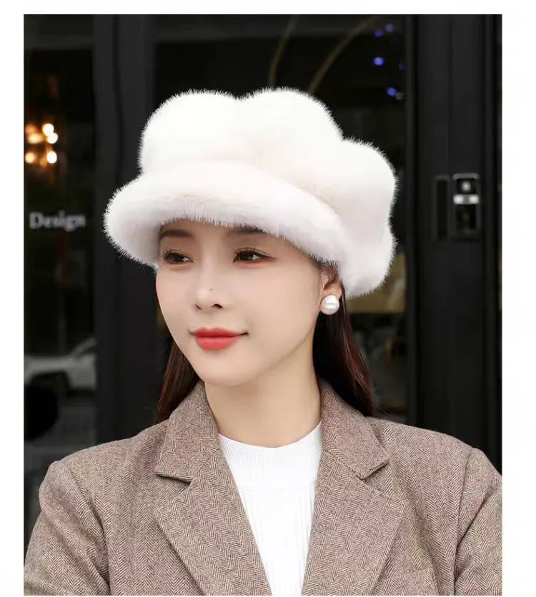 Women's knit pumpkin hat dome style fake mink one size 54-58cm colour black