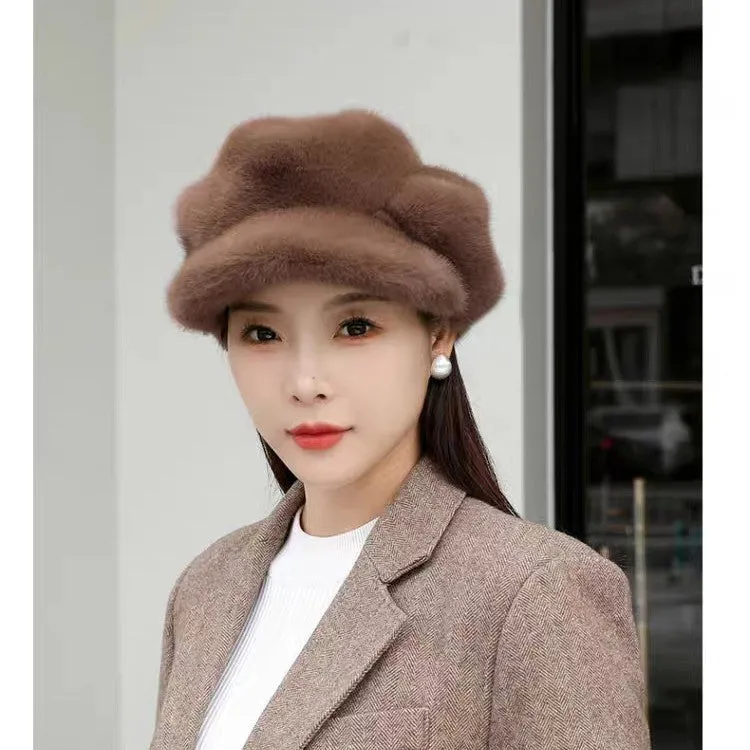 Women's knit pumpkin hat dome style fake mink one size 54-58cm colour black