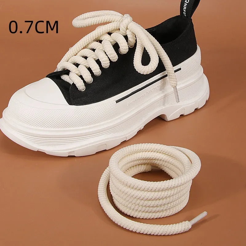 Round woven shoelaces in black, white and beige colours showing 10mm diameter and length variations