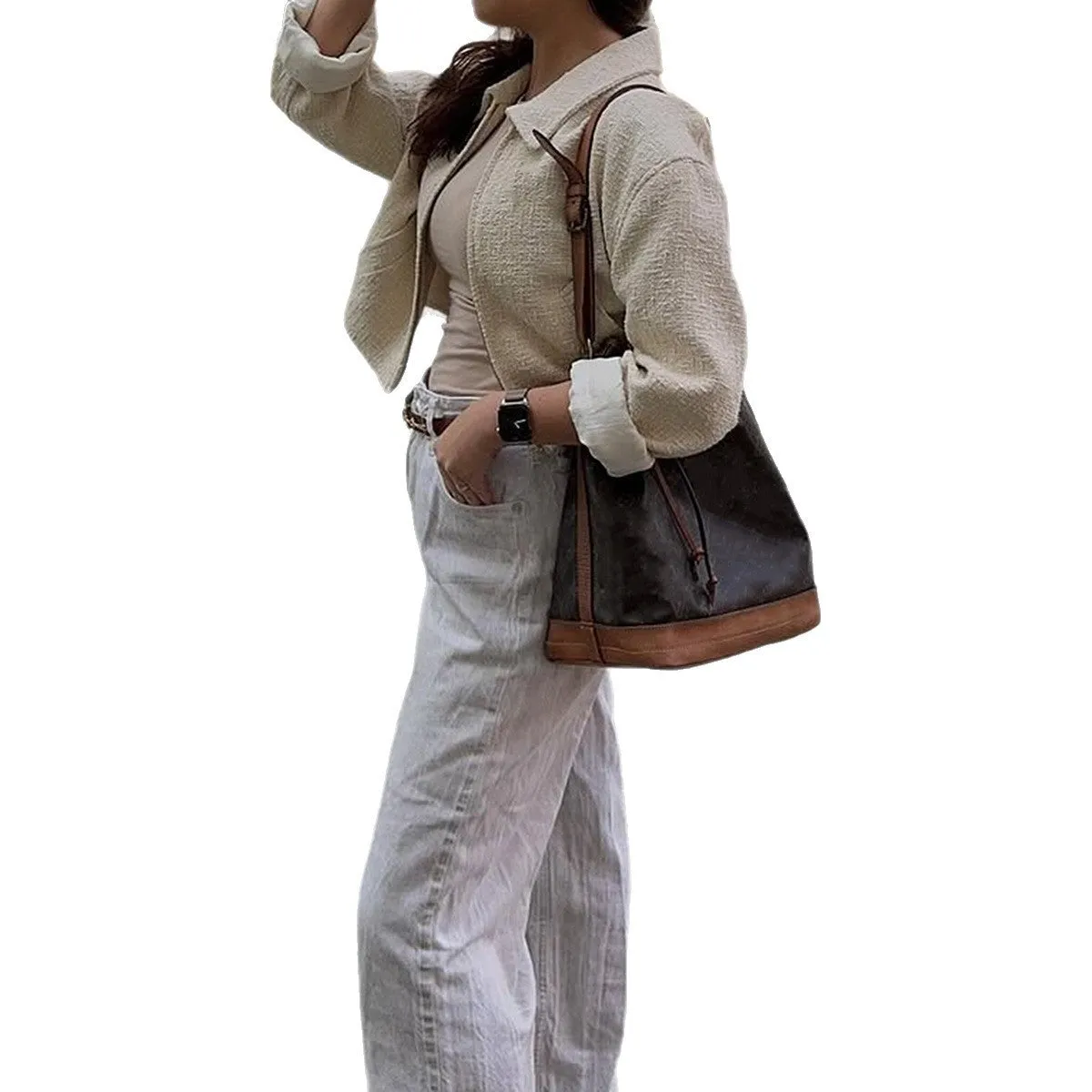 Women's apricot solid colour polyester long sleeve jacket, front view, on hanger
