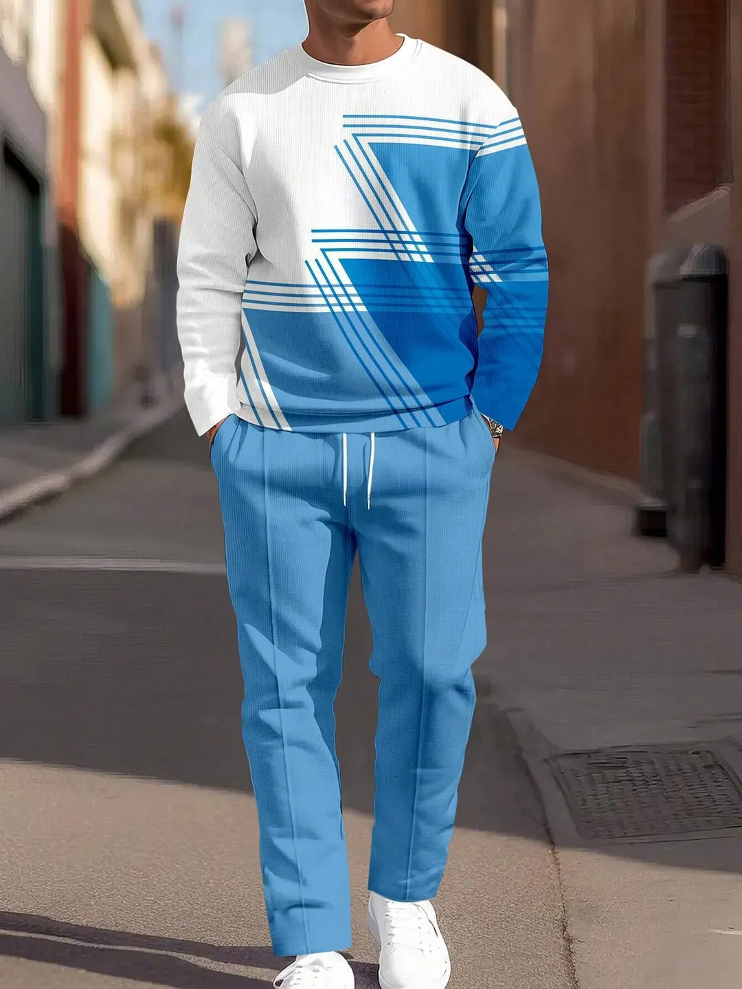 Men's autumn casual 3D digital print round neck polyester sweatshirt and sweatpants set, long sleeves, multiple colour options
