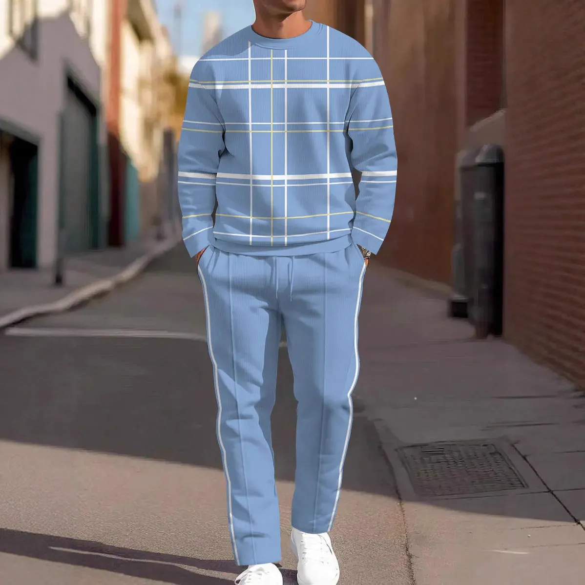 Men's autumn casual 3D digital print round neck polyester sweatshirt and sweatpants set, long sleeves, multiple colour options