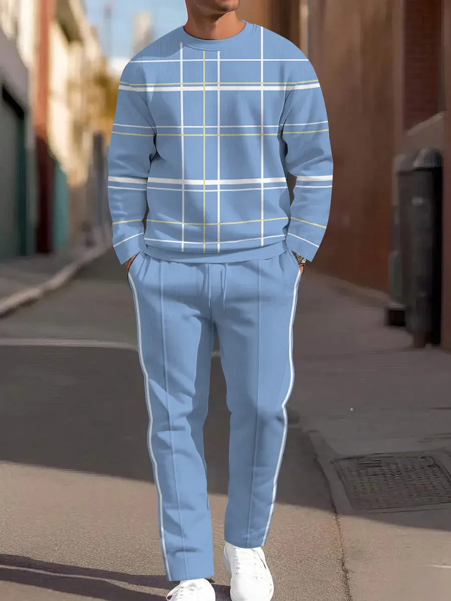 Men's autumn casual 3D digital print round neck polyester sweatshirt and sweatpants set, long sleeves, multiple colour options