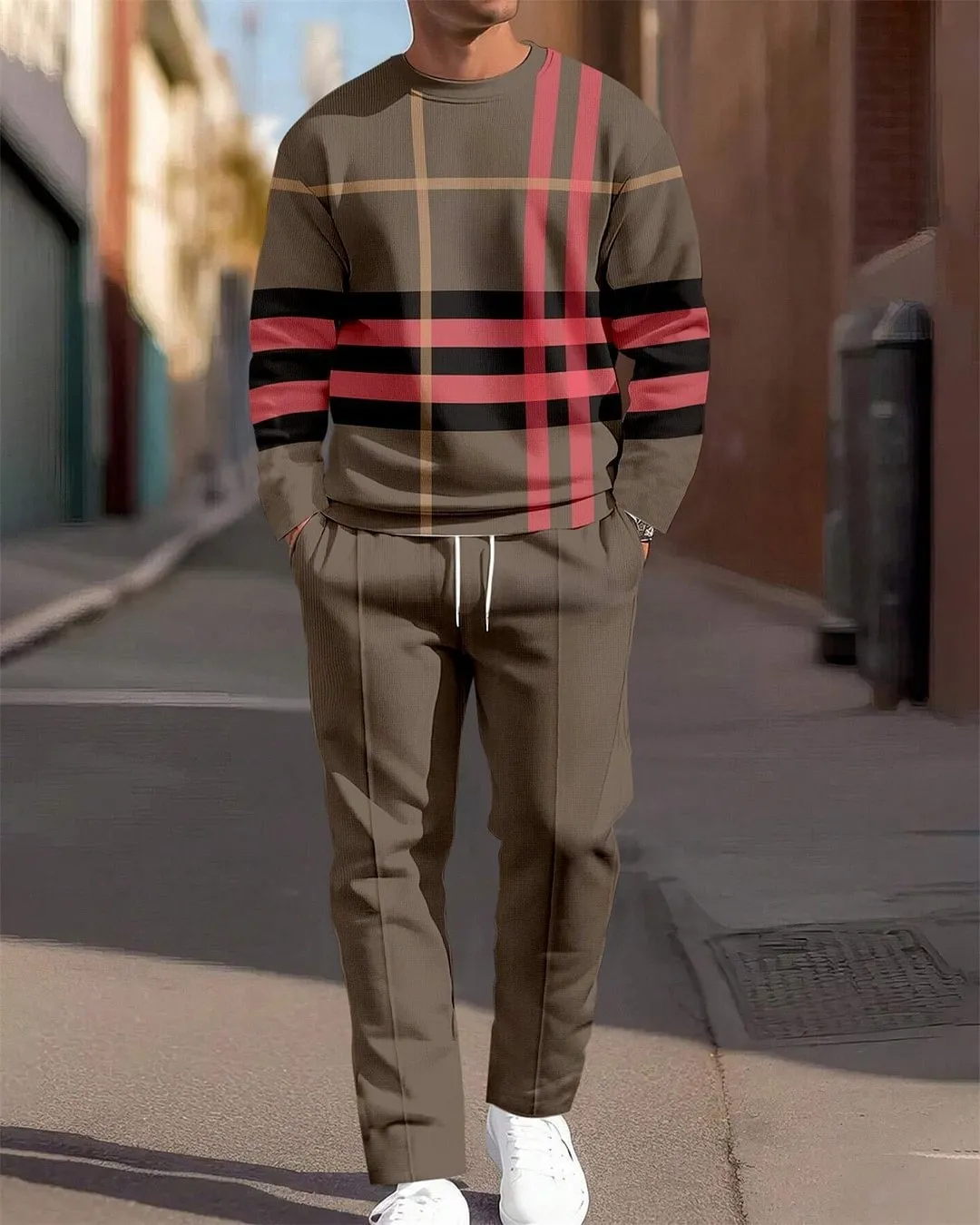 Men's autumn casual 3D digital print round neck polyester sweatshirt and sweatpants set, long sleeves, multiple colour options