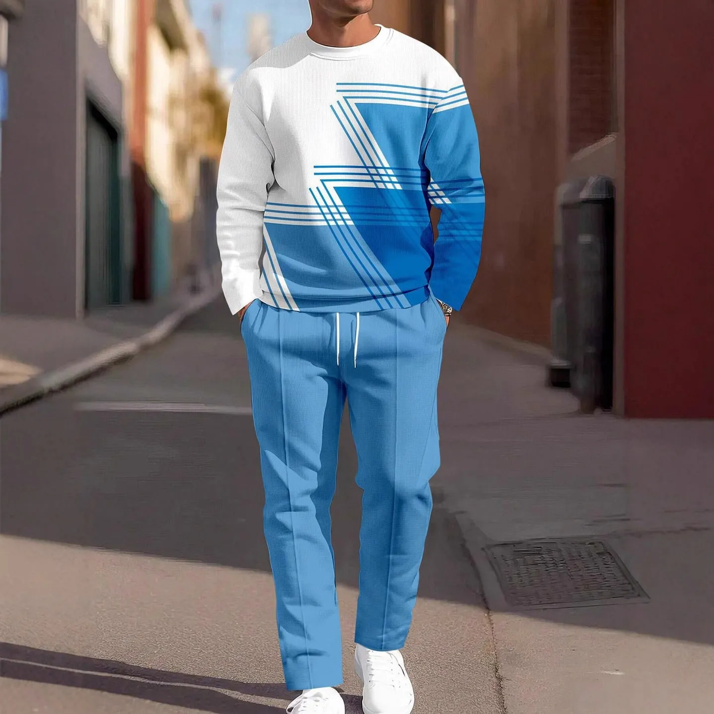Men's autumn casual 3D digital print round neck polyester sweatshirt and sweatpants set, long sleeves, multiple colour options