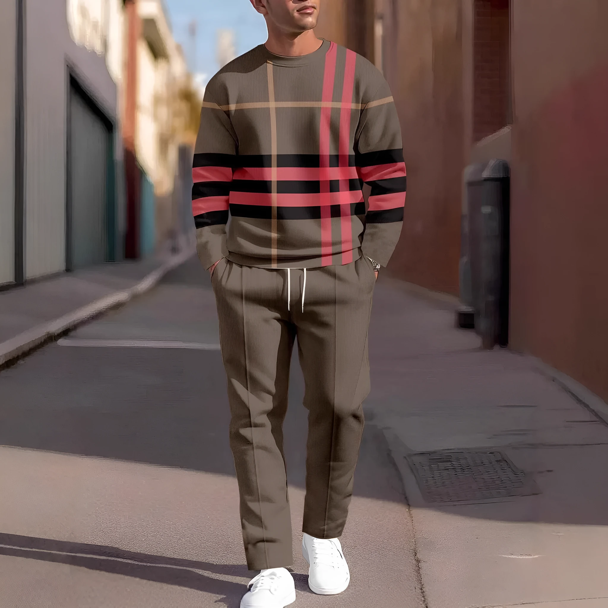 Men's autumn casual 3D digital print round neck polyester sweatshirt and sweatpants set, long sleeves, multiple colour options