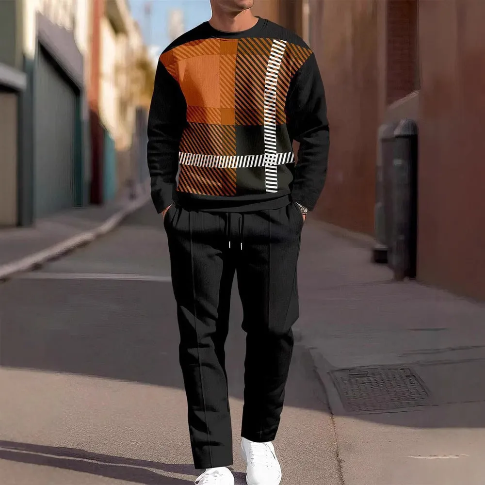 Men's autumn casual 3D digital print round neck polyester sweatshirt and sweatpants set, long sleeves, multiple colour options