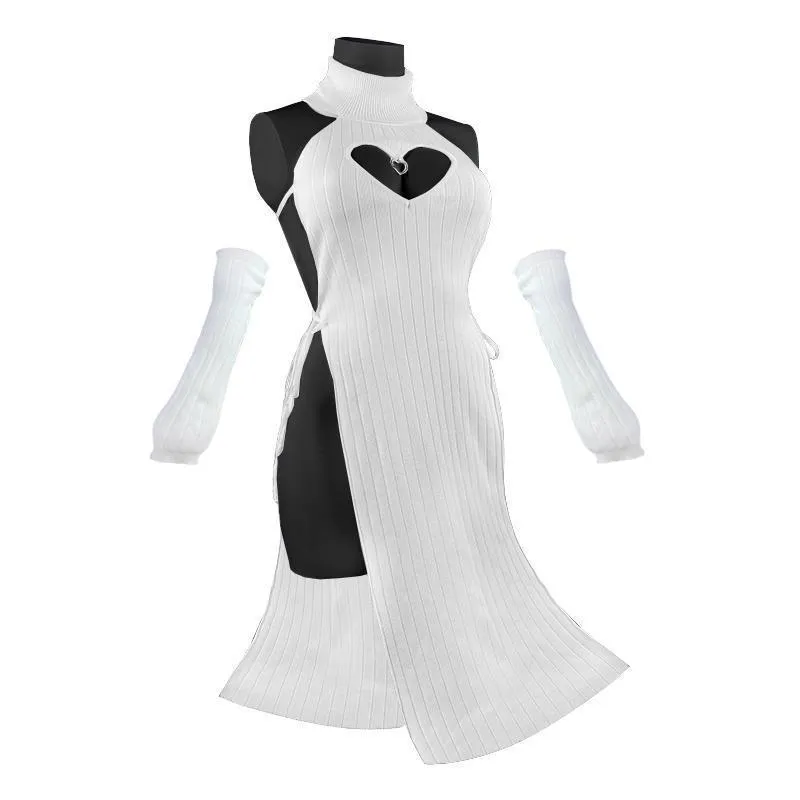 Women's solid colour fleece lined Lycra cheongsam dress with heart-shaped high-neck for casual wear
