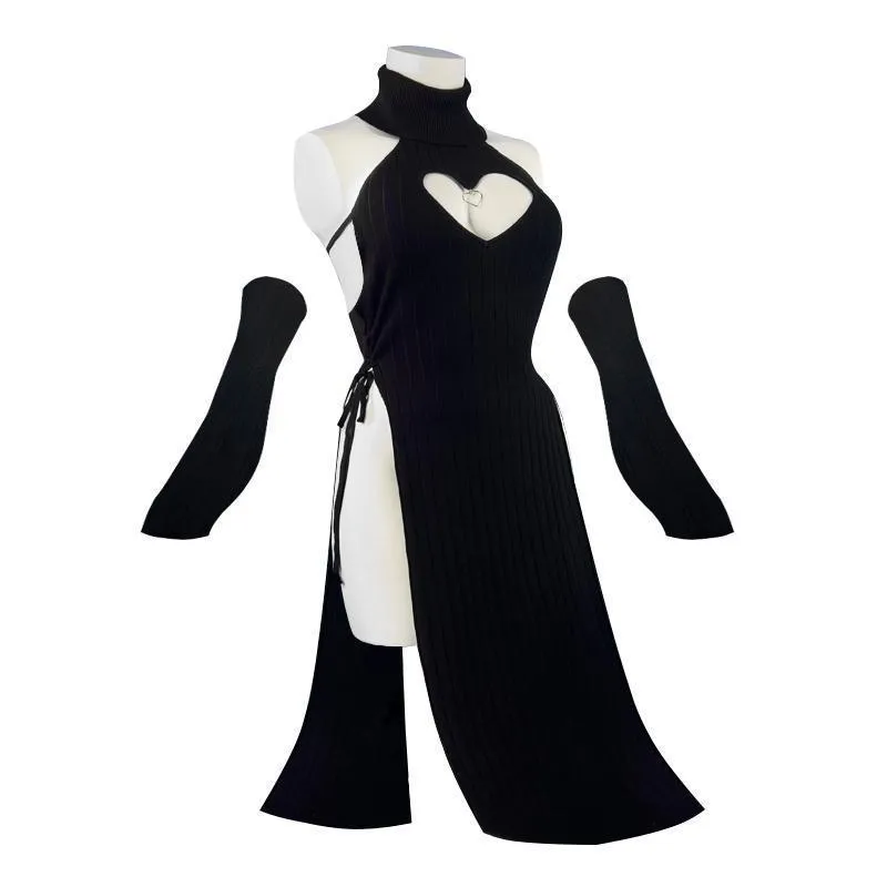 Women's solid colour fleece lined Lycra cheongsam dress with heart-shaped high-neck for casual wear