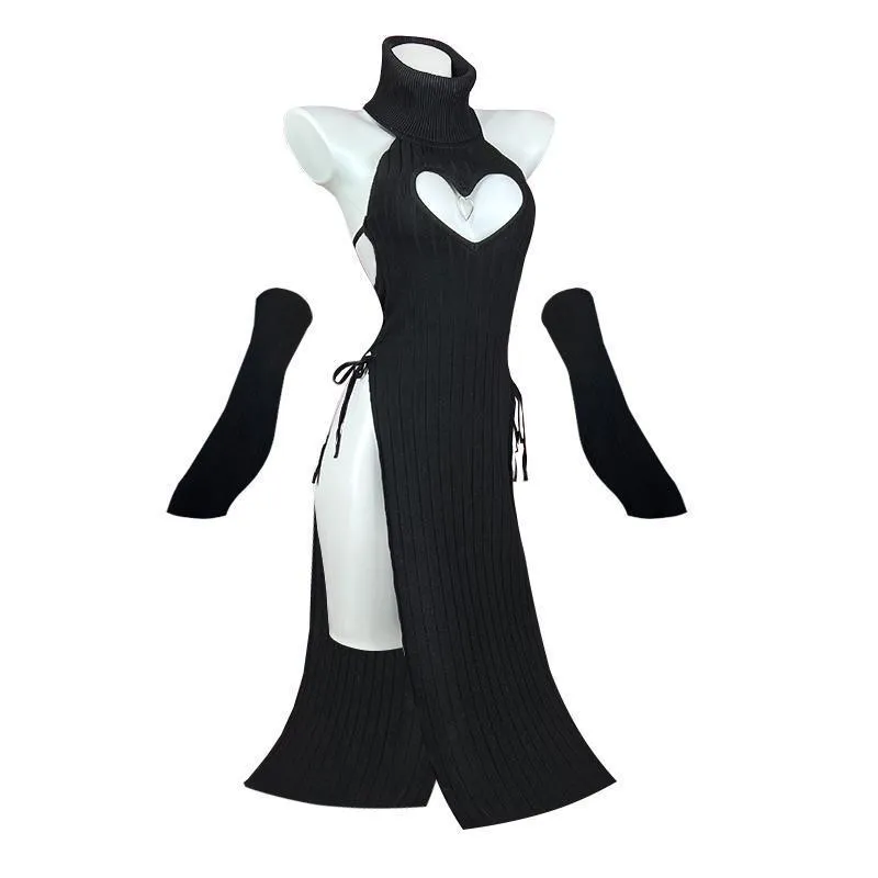 Women's solid colour fleece lined Lycra cheongsam dress with heart-shaped high-neck for casual wear
