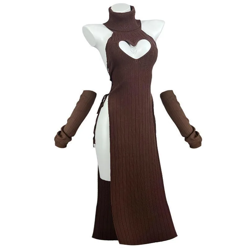 Women's solid colour fleece lined Lycra cheongsam dress with heart-shaped high-neck for casual wear