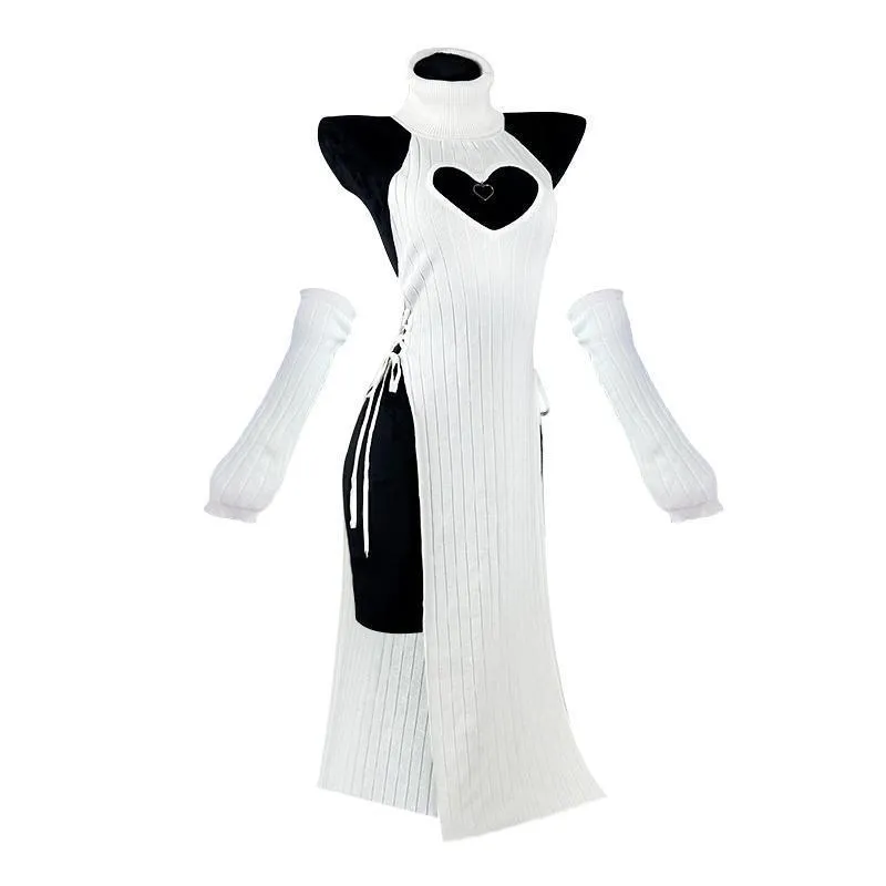 Women's solid colour fleece lined Lycra cheongsam dress with heart-shaped high-neck for casual wear