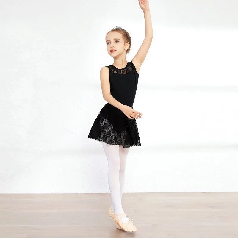 Girls short-sleeve ballet practice dress in Lycra cotton with lace and mesh trim, princess style, available in black