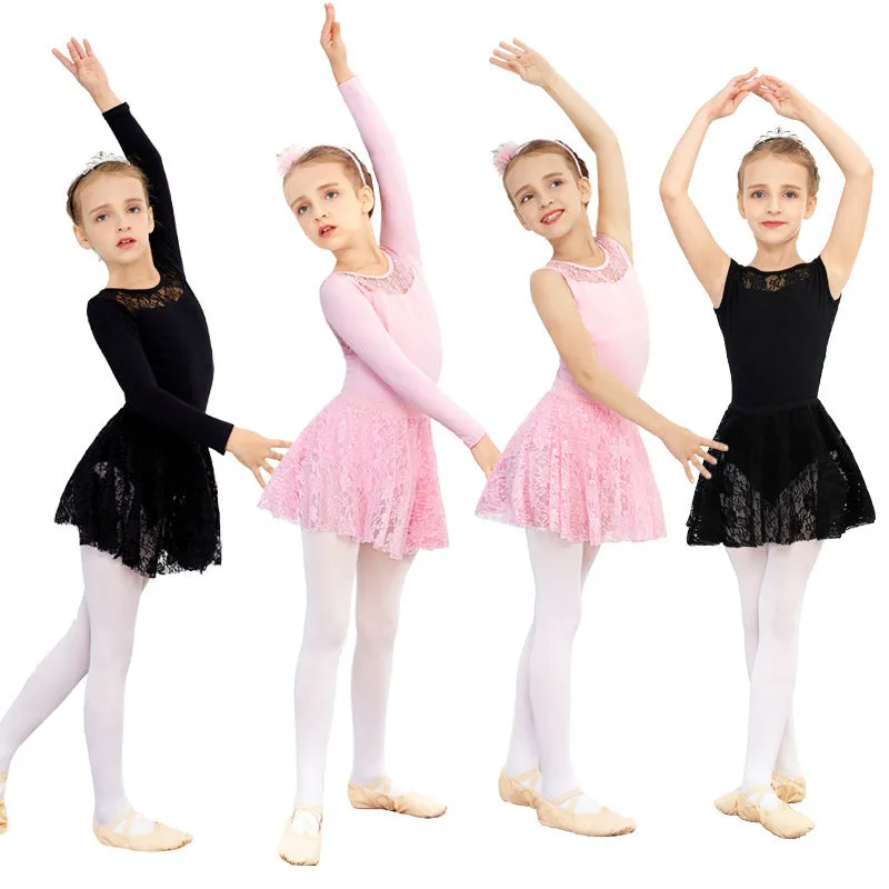 Girls short-sleeve ballet practice dress in Lycra cotton with lace and mesh trim, princess style, available in black