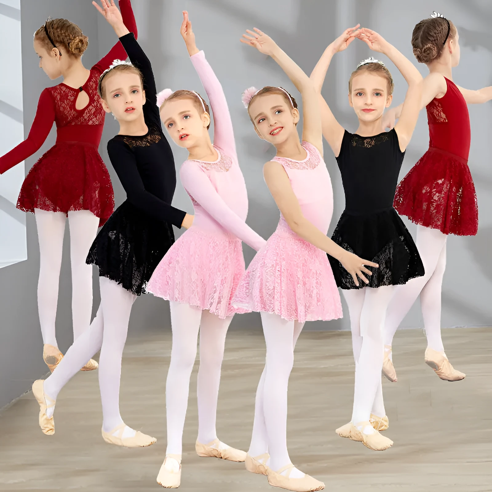 Girls short-sleeve ballet practice dress in Lycra cotton with lace and mesh trim, princess style, available in black