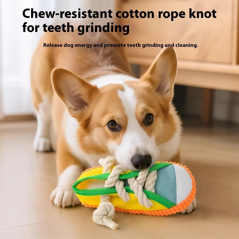 Squeaky plastic dog slippers toy in yellow, black, or blue colour for chewing and play.