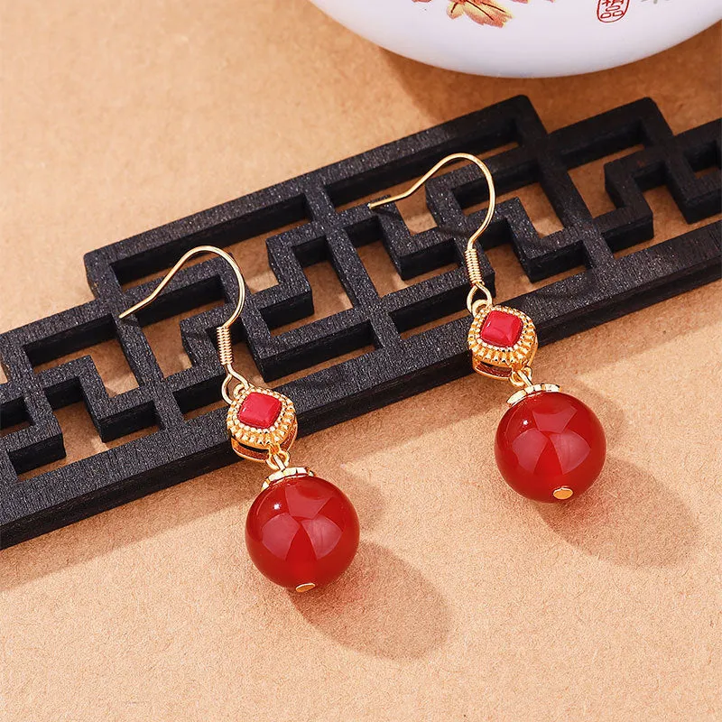 Geometric agate earrings with Southern Red Agate round beads, S925 silver inlay, and Jasper accents on electroplated alloy