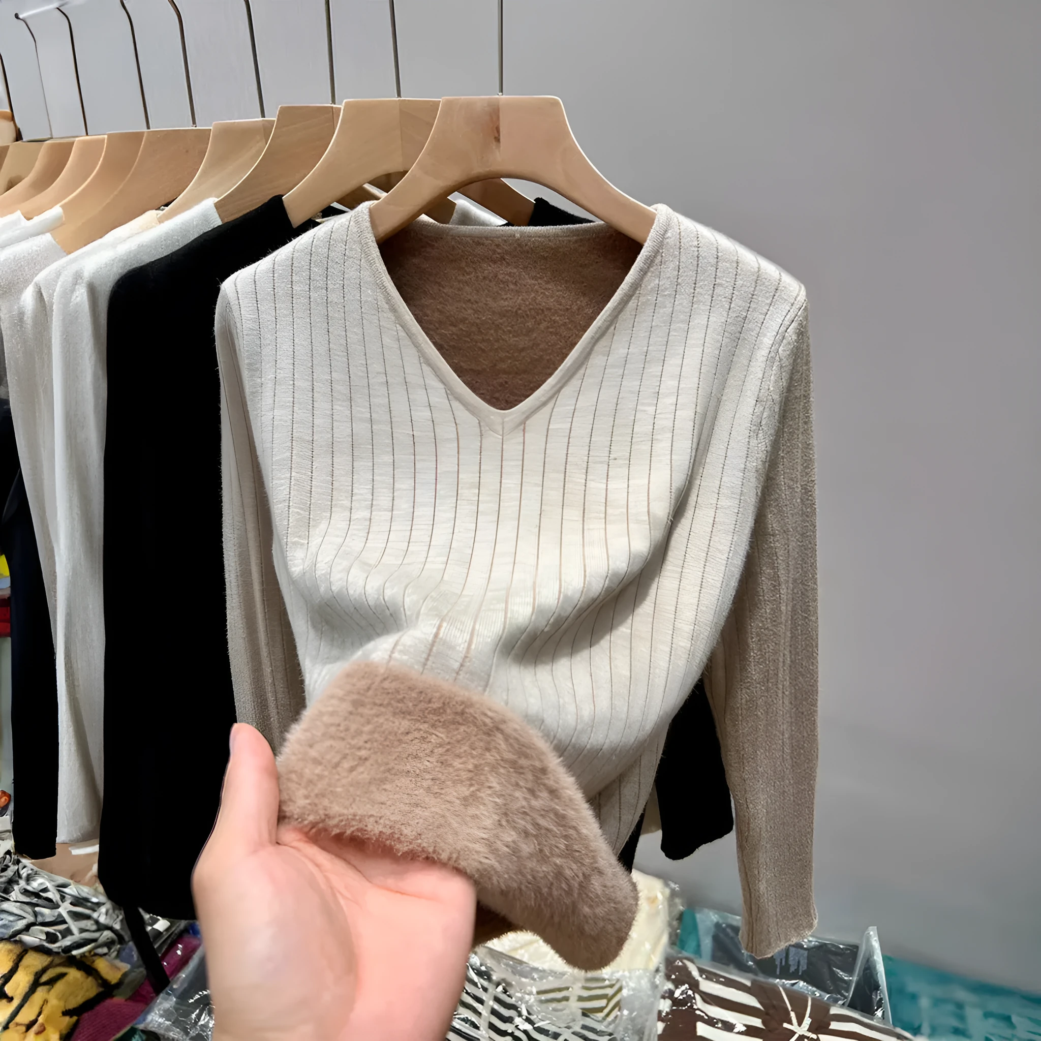 Fluffy V-neck long sleeve t-shirt sweater for women in khaki colour, soft viscose fabric pullover casual top