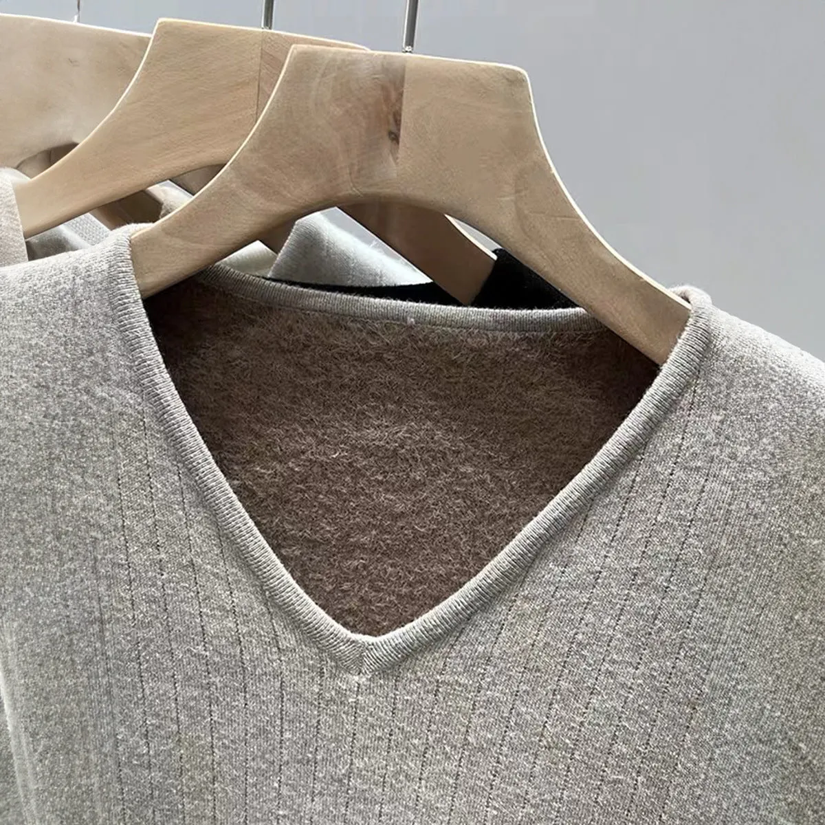 Fluffy V-neck long sleeve t-shirt sweater for women in khaki colour, soft viscose fabric pullover casual top