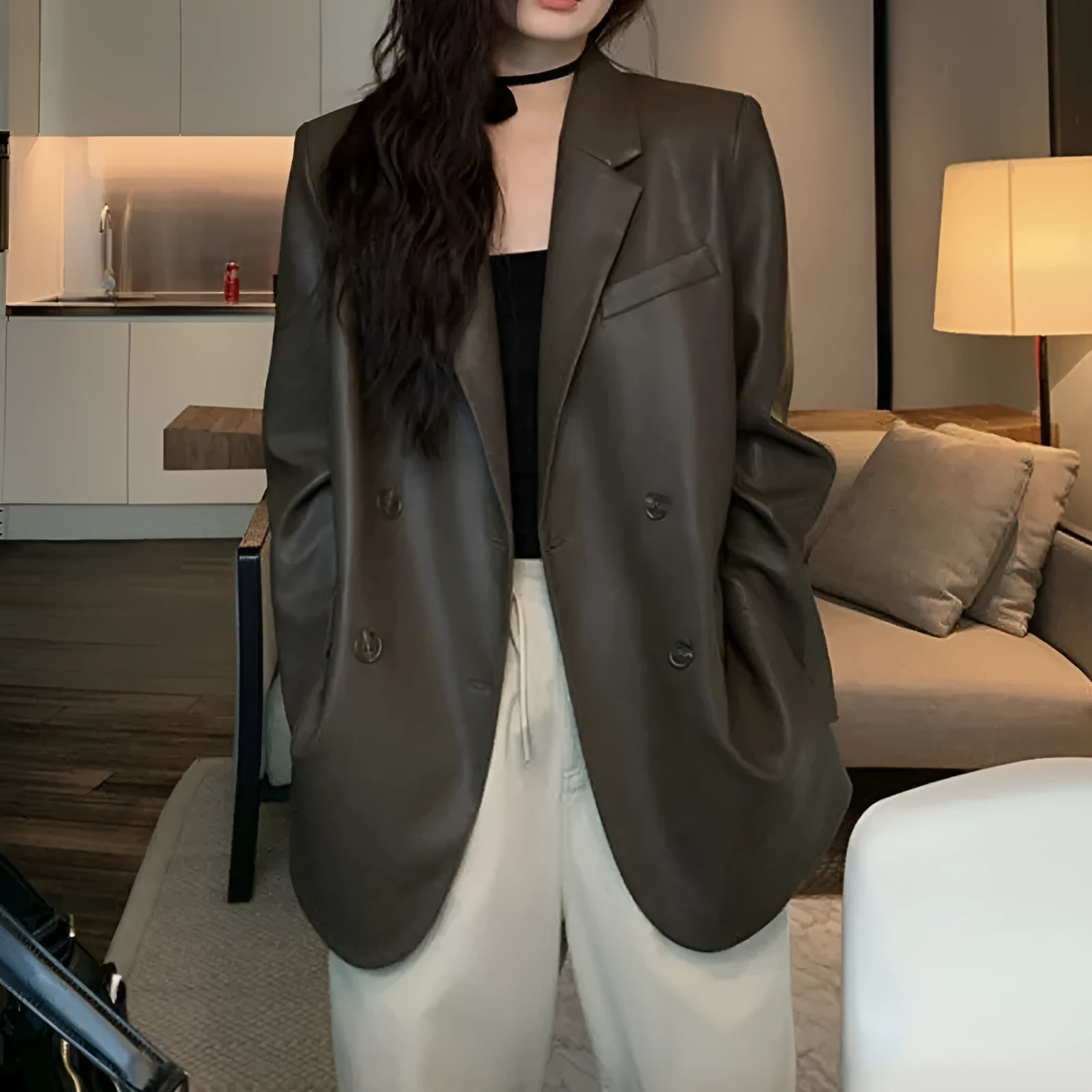Women's loose casual coat in black with 3D effect pattern on polyester fabric
