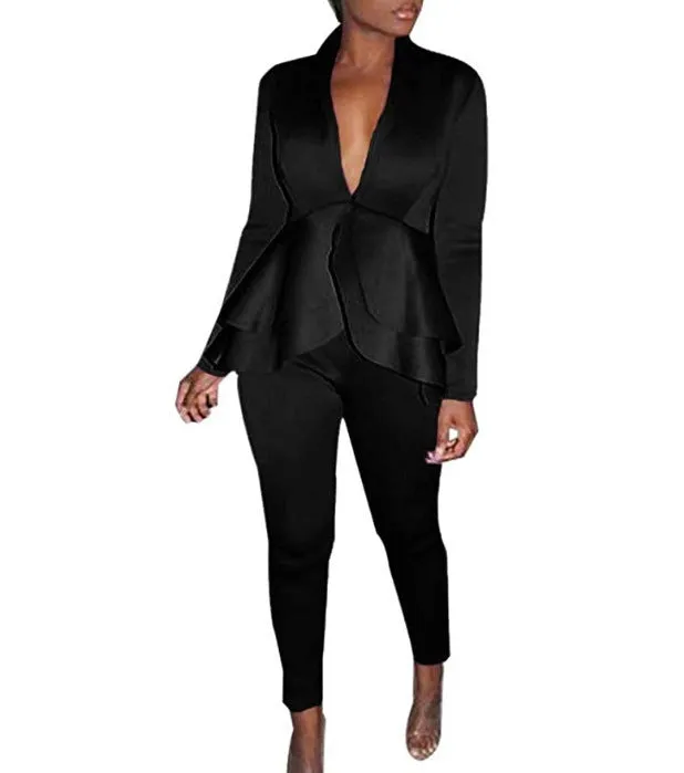 Women's white ruffle air layer business suit with pencil pants on hanger