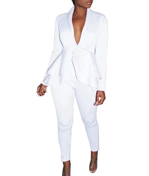 Women's white ruffle air layer business suit with pencil pants on hanger