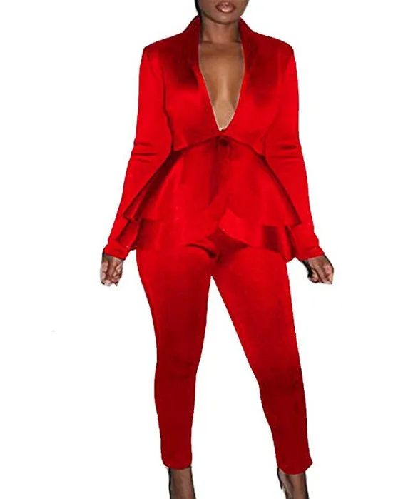 Women's white ruffle air layer business suit with pencil pants on hanger