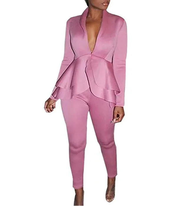 Women's white ruffle air layer business suit with pencil pants on hanger