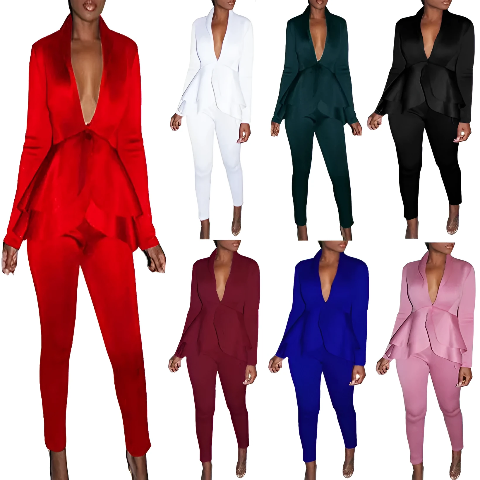 Women's white ruffle air layer business suit with pencil pants on hanger