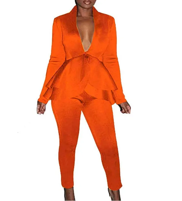 Women's white ruffle air layer business suit with pencil pants on hanger