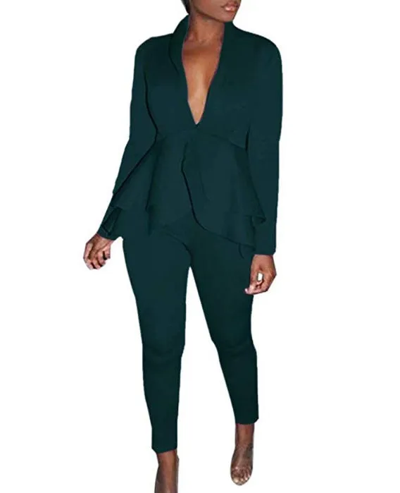 Women's white ruffle air layer business suit with pencil pants on hanger