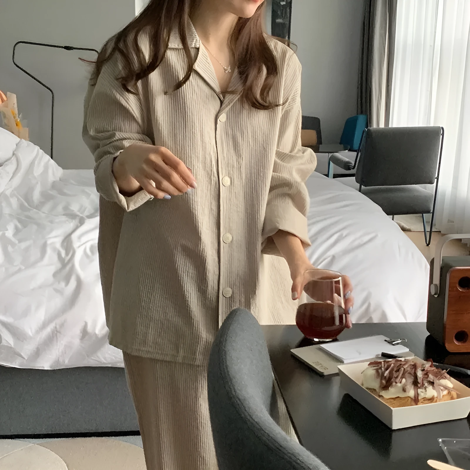 Women's simple stripe long sleeve casual loose home suit set with pants in striped pattern