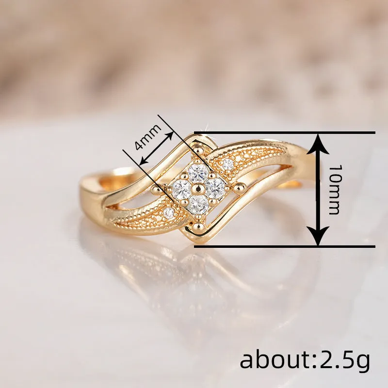 Yellow gold copper women's ring with diamond shape and micro inlaid zircon ornamentation.