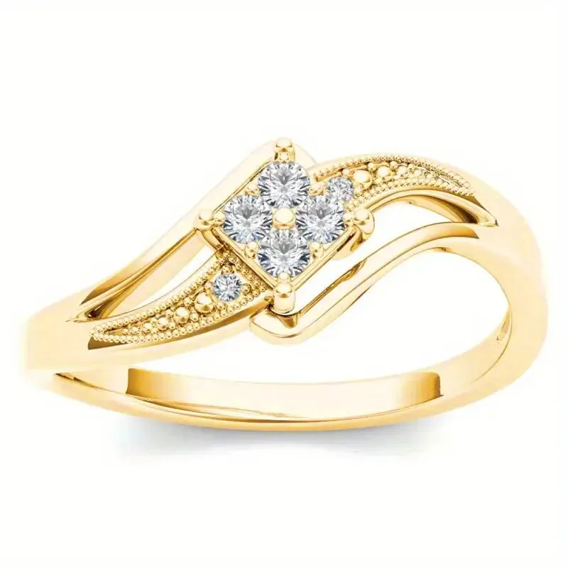 Yellow gold copper women's ring with diamond shape and micro inlaid zircon ornamentation.