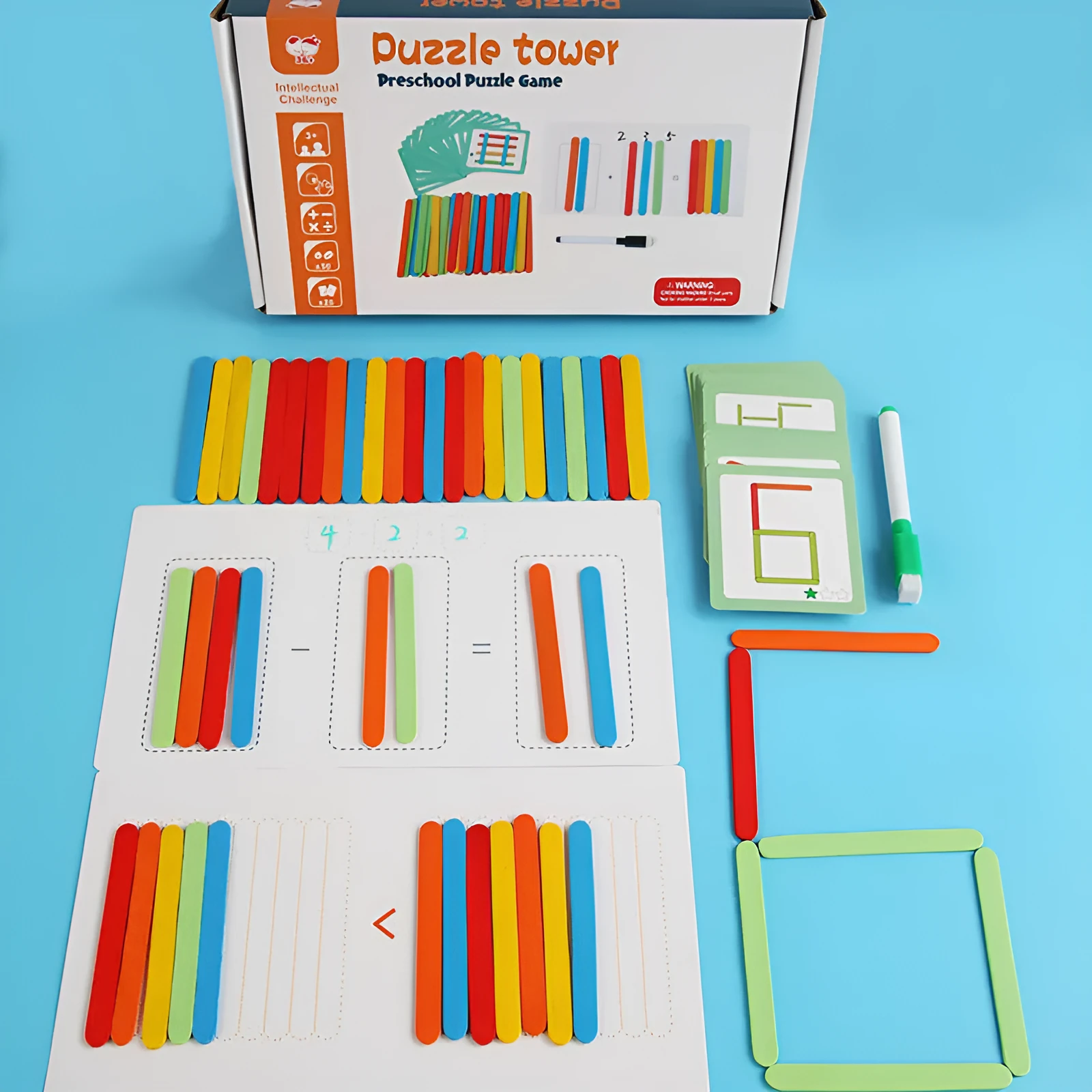 Children's wooden counting sticks math toy in colour box with colourful arithmetic rods