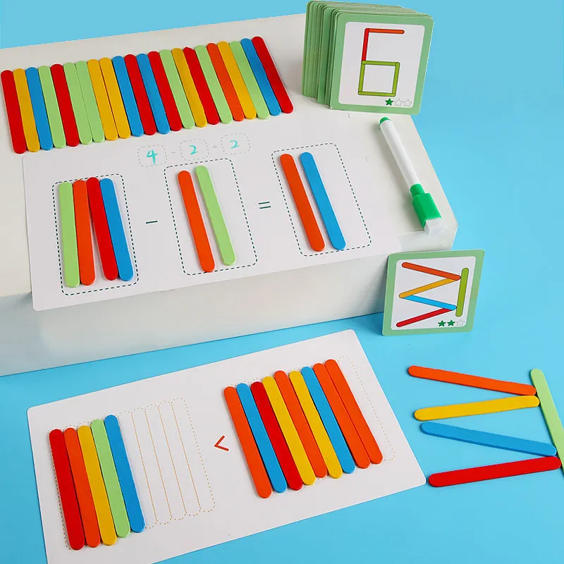 Children's wooden counting sticks math toy in colour box with colourful arithmetic rods